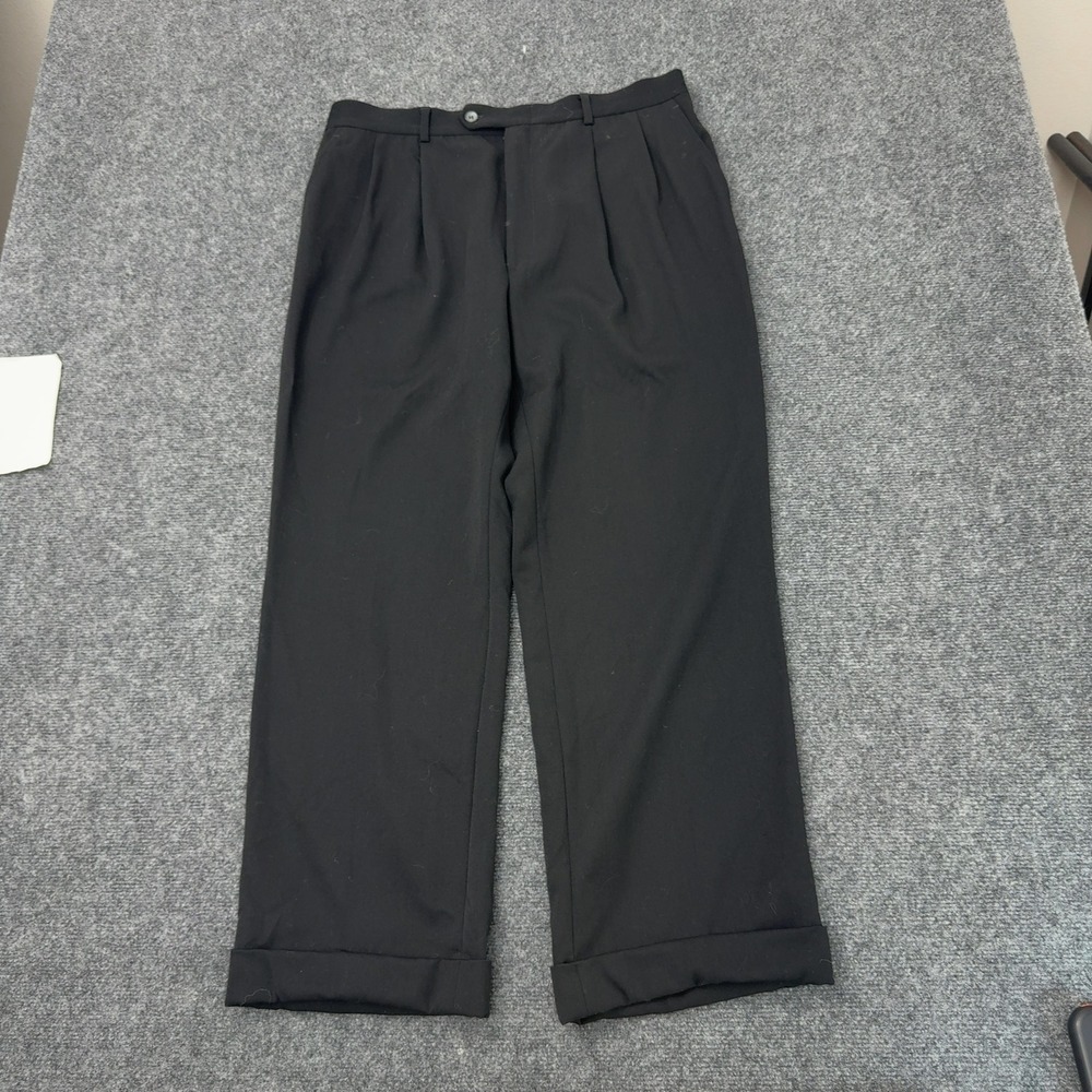 Vintage Lord & Taylor Trousers Mens 34 Black Wool Pleated Cuffed Dress Pants